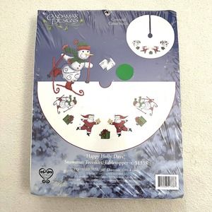 New Candamar Happy Holly Days Snowman Treeskirt 40" Diameter Cross Stitch Kit